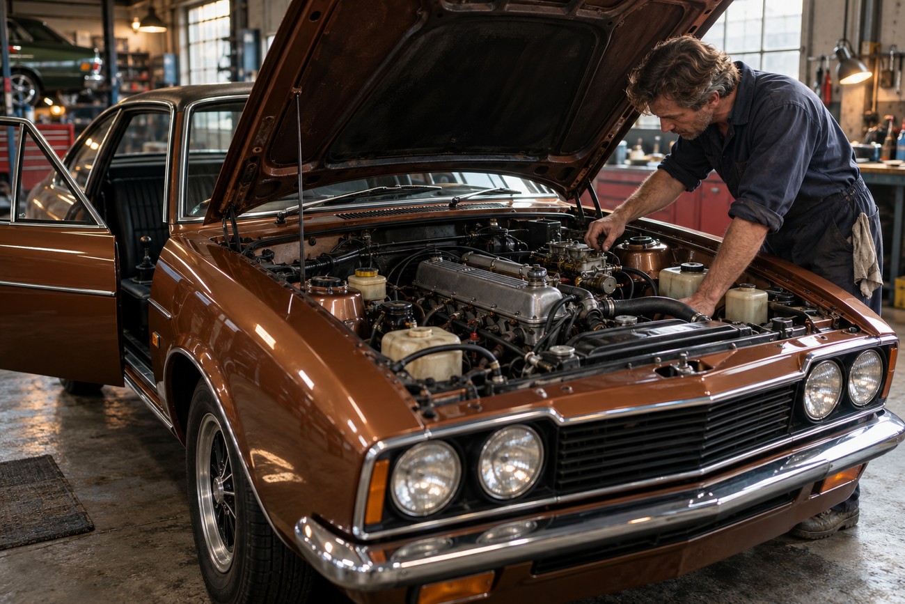 A mechanic working on the engine of a brown classic Vauxhall Firenza Droopsnoot coupe inside a workshop
