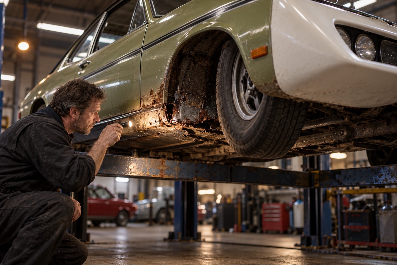 A mechanic shines a flashlight on the rusted wheel arch of a Vauxhall Firenza Droopsnoot lifted in a workshop