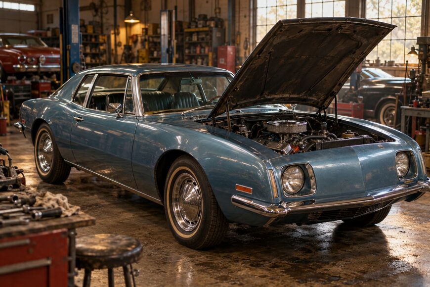 Classic blue Avanti II sports car with open hood parked inside a vintage garage