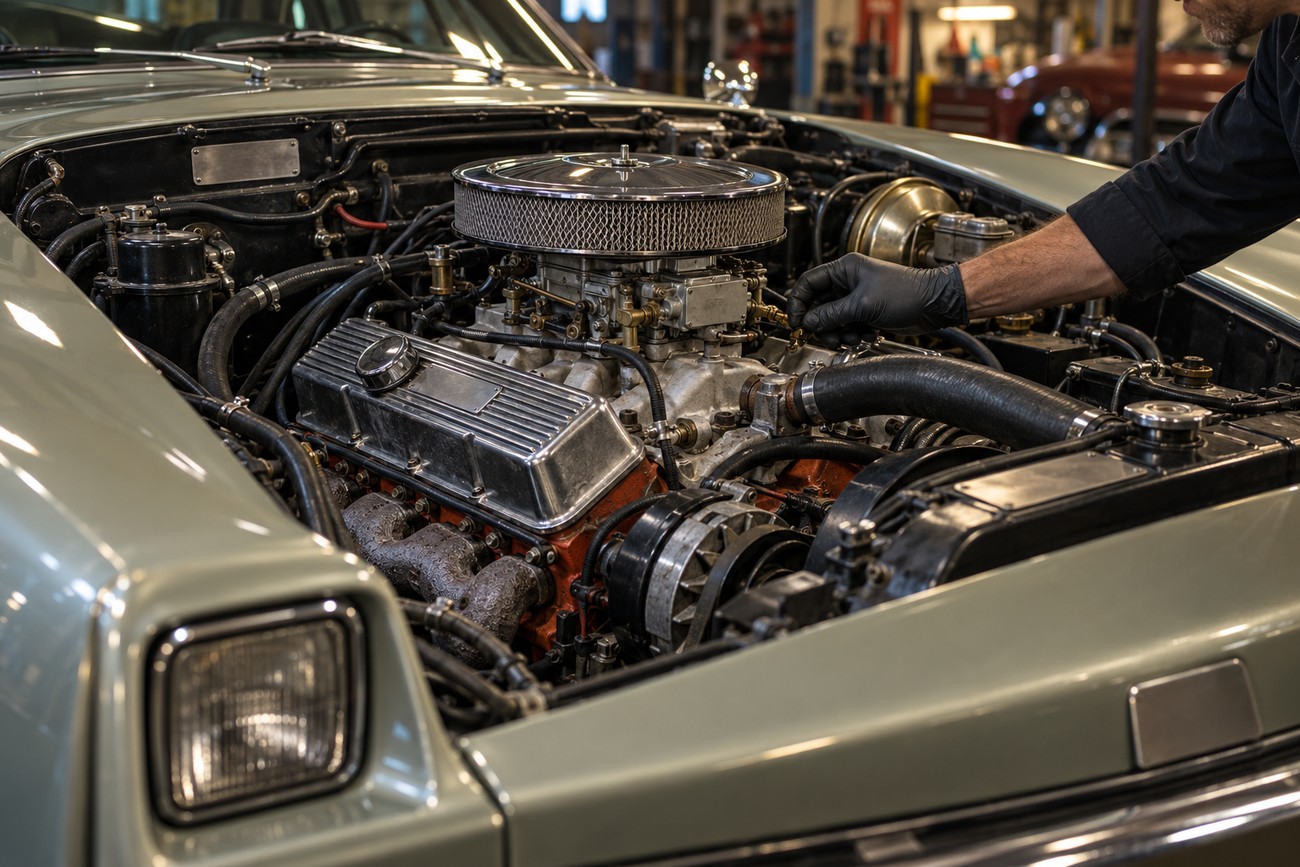 A mechanic in black gloves inspects the detailed V8 engine bay of a classic Avanti II car in a workshop