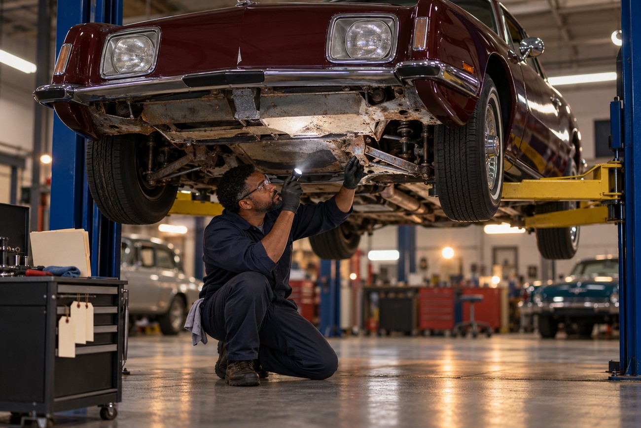 A mechanic in coveralls inspects the rusty undercarriage of a maroon Avanti II classic car on a lift using a flashlight