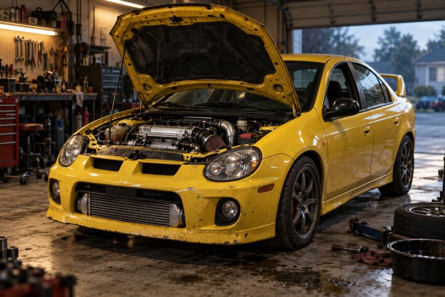 A bright yellow Dodge Neon SRT-4 parked inside a cluttered garage with its hood open showcasing the engine