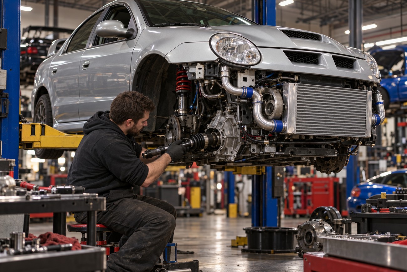 A mechanic in a black hoodie installing a CV axle on a silver Dodge Neon SRT-4 raised on a lift inside a tuning workshop