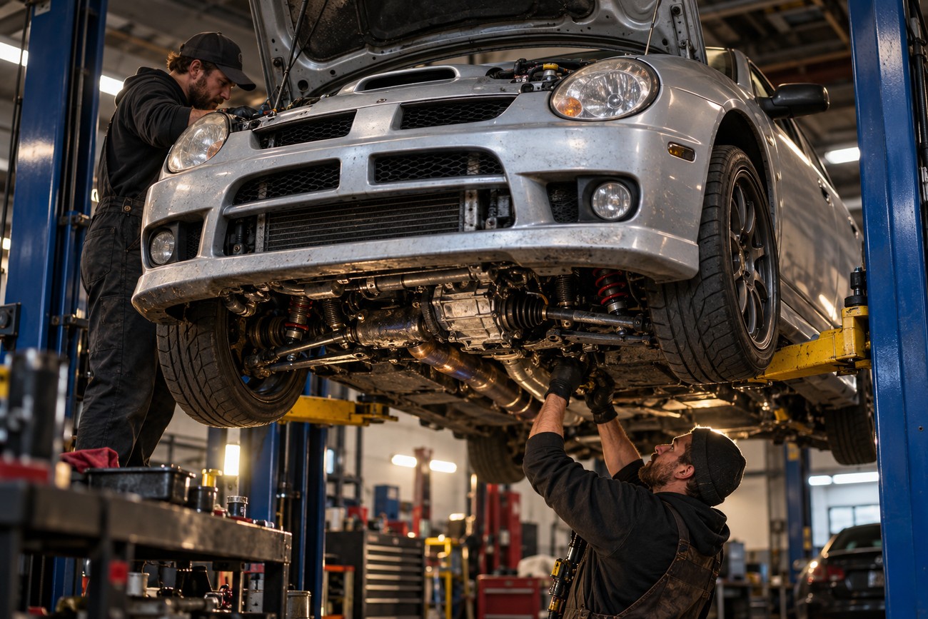 Mechanics working on a silver Dodge Neon SRT-4 lifted on a hoist in a repair shop