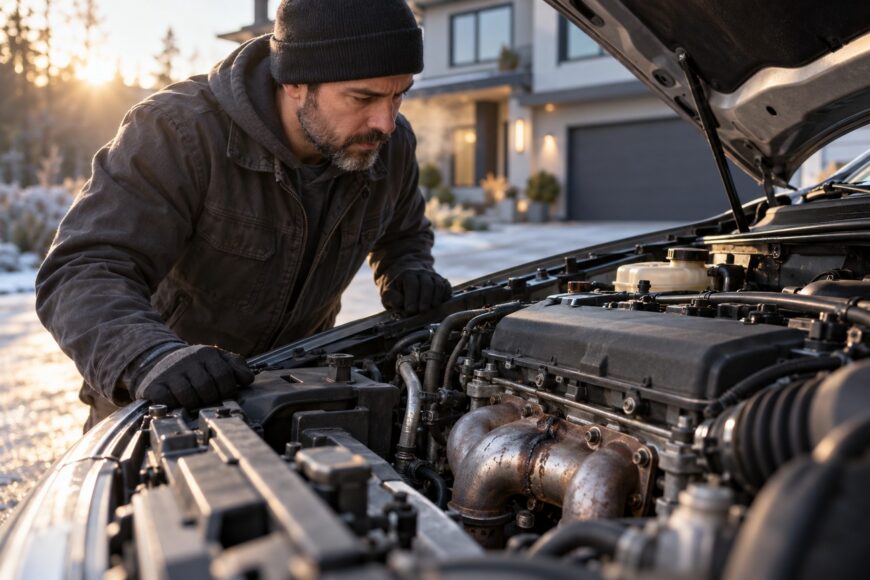 A mechanic wearing a beanie and gloves inspecting the engine compartment of a car outdoors