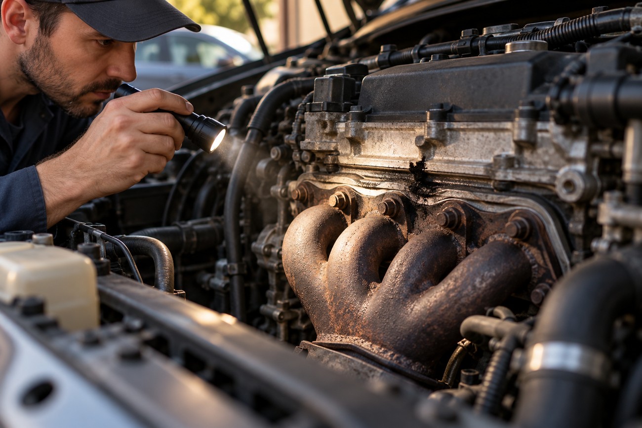 Mechanic inspecting a car engine exhaust manifold with a flashlight to diagnose a leak