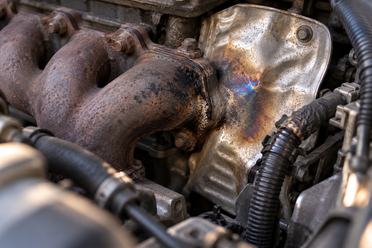 Rusted car exhaust manifold and heat shield with dark soot deposits indicating a gas leak