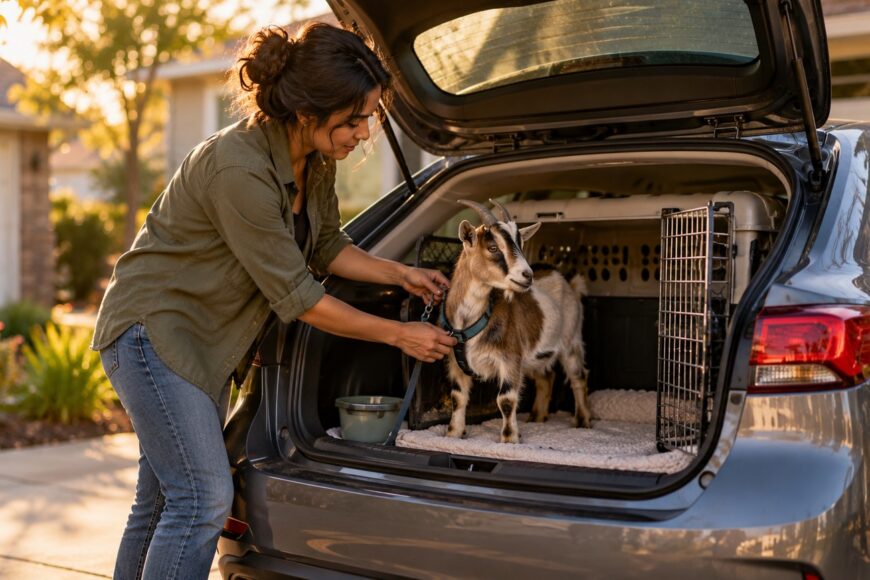 A woman stands by the open trunk of a Toyota Corolla securing a small goat in a crate