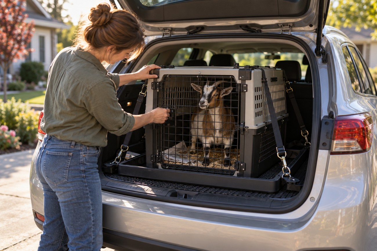 A woman opening a secure travel crate with a goat inside the trunk of a Toyota Corolla