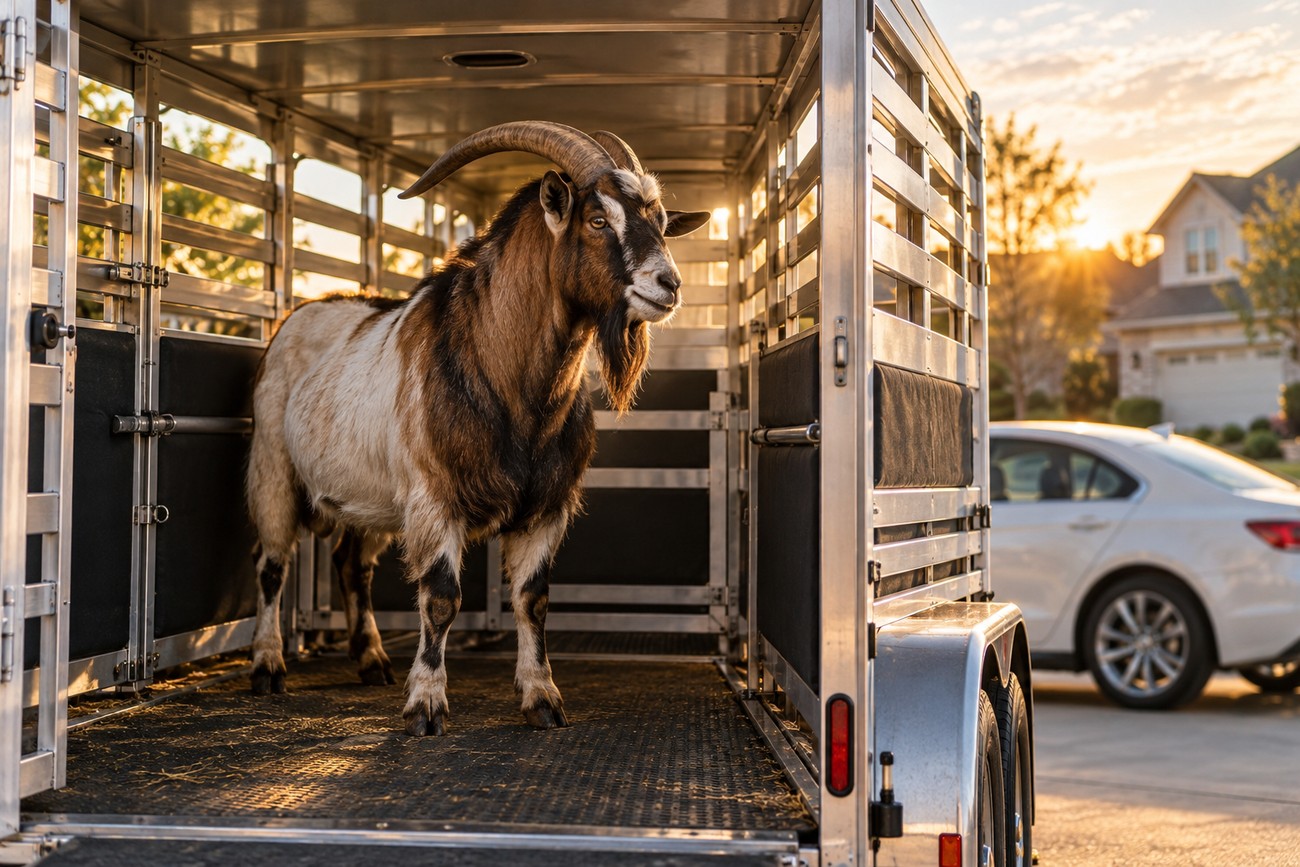 A horned goat standing inside an open metal livestock trailer parked behind a white Toyota Corolla at sunset