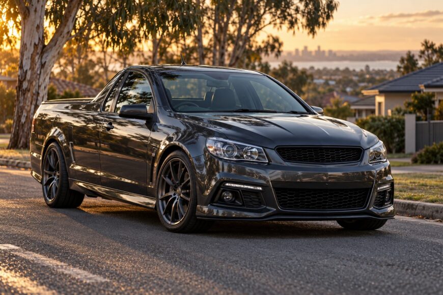 A dark gray Holden Ute SS parked on a suburban asphalt road during a scenic sunset