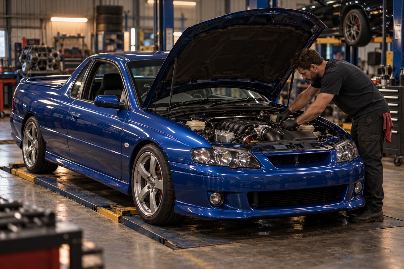 A mechanic in a black shirt working on the engine of a blue Holden Ute SS raised on a lift in a workshop