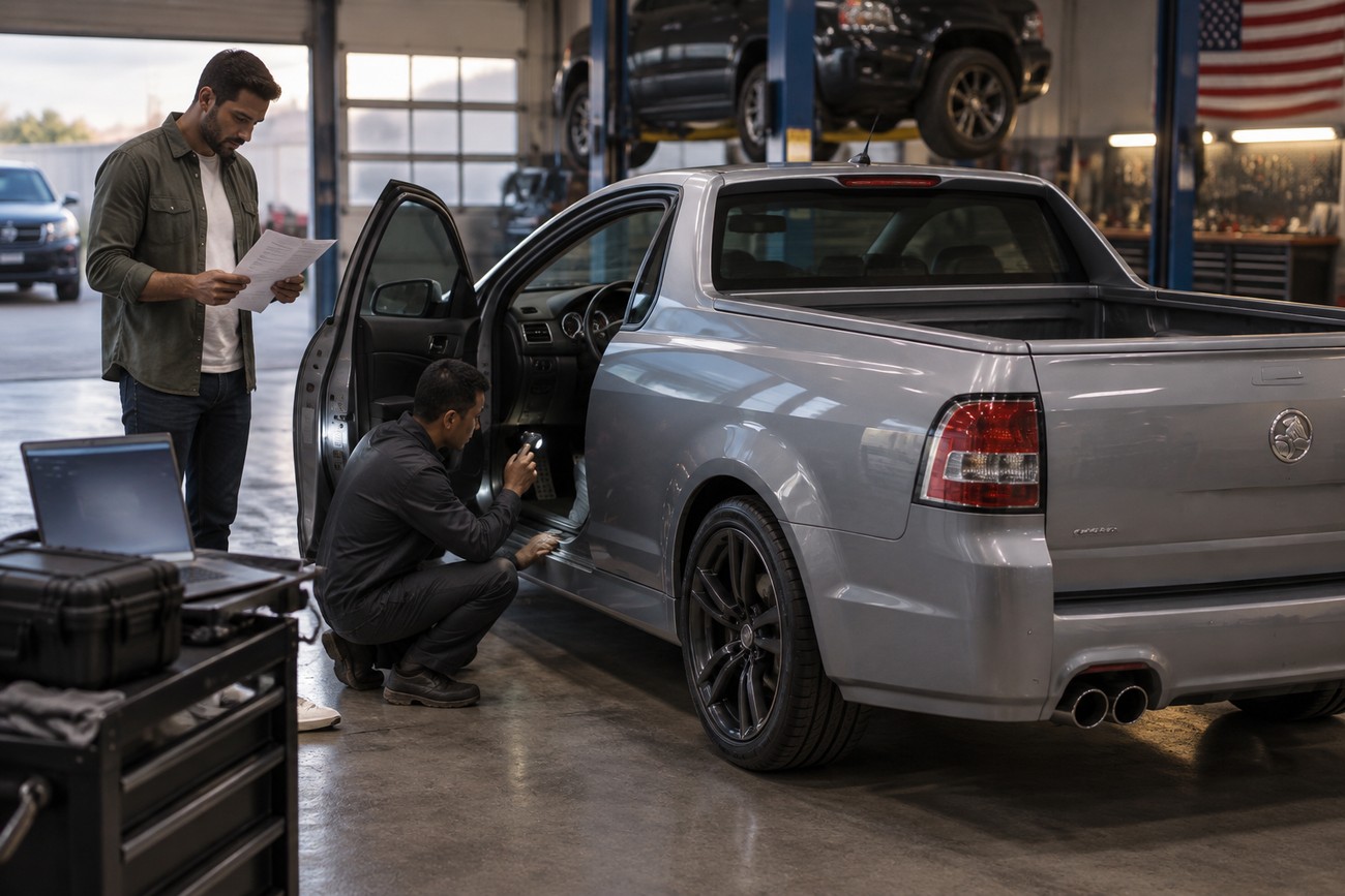Mechanic with a flashlight checks the interior of a silver Holden Ute SS while a man holds papers nearby in a garage