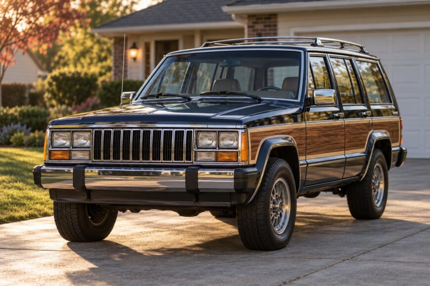 Classic dark blue Jeep Wagoneer Limited XJ with woodgrain side panels parked on a suburban driveway