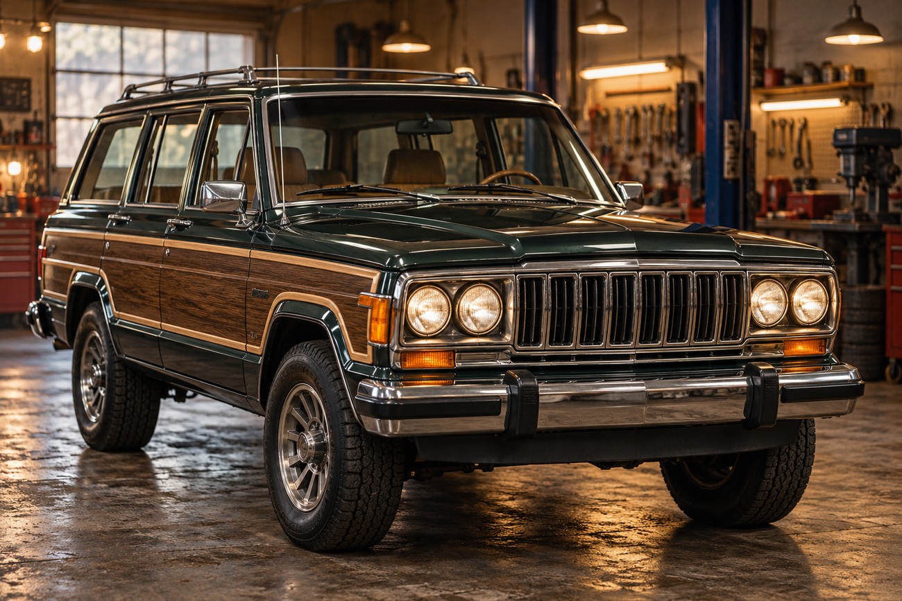 Classic dark green Jeep Wagoneer Limited XJ with faux wood side panels parked inside a vintage mechanic garage
