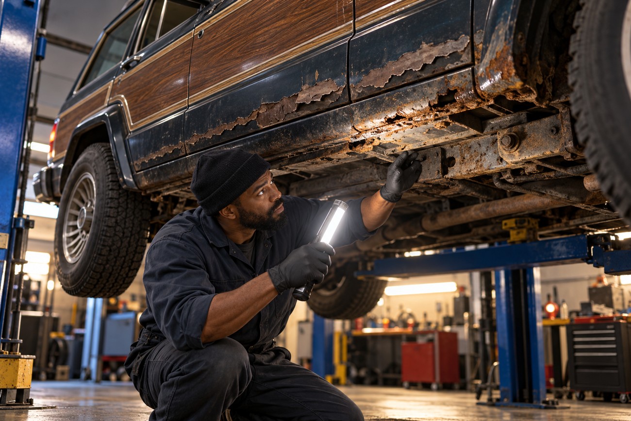 Mechanic wearing gloves and a beanie inspects severe rust on the undercarriage and rocker panel of a classic Jeep Wagoneer XJ lifted in a repair shop