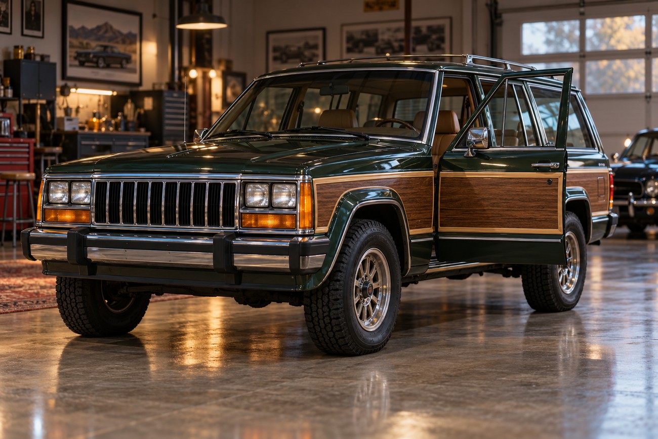 Classic dark green Jeep Wagoneer Limited XJ with fake wood side paneling parked inside a garage