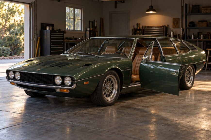 Classic green Lamborghini Espada with tan leather interior parked inside a bright garage with open door