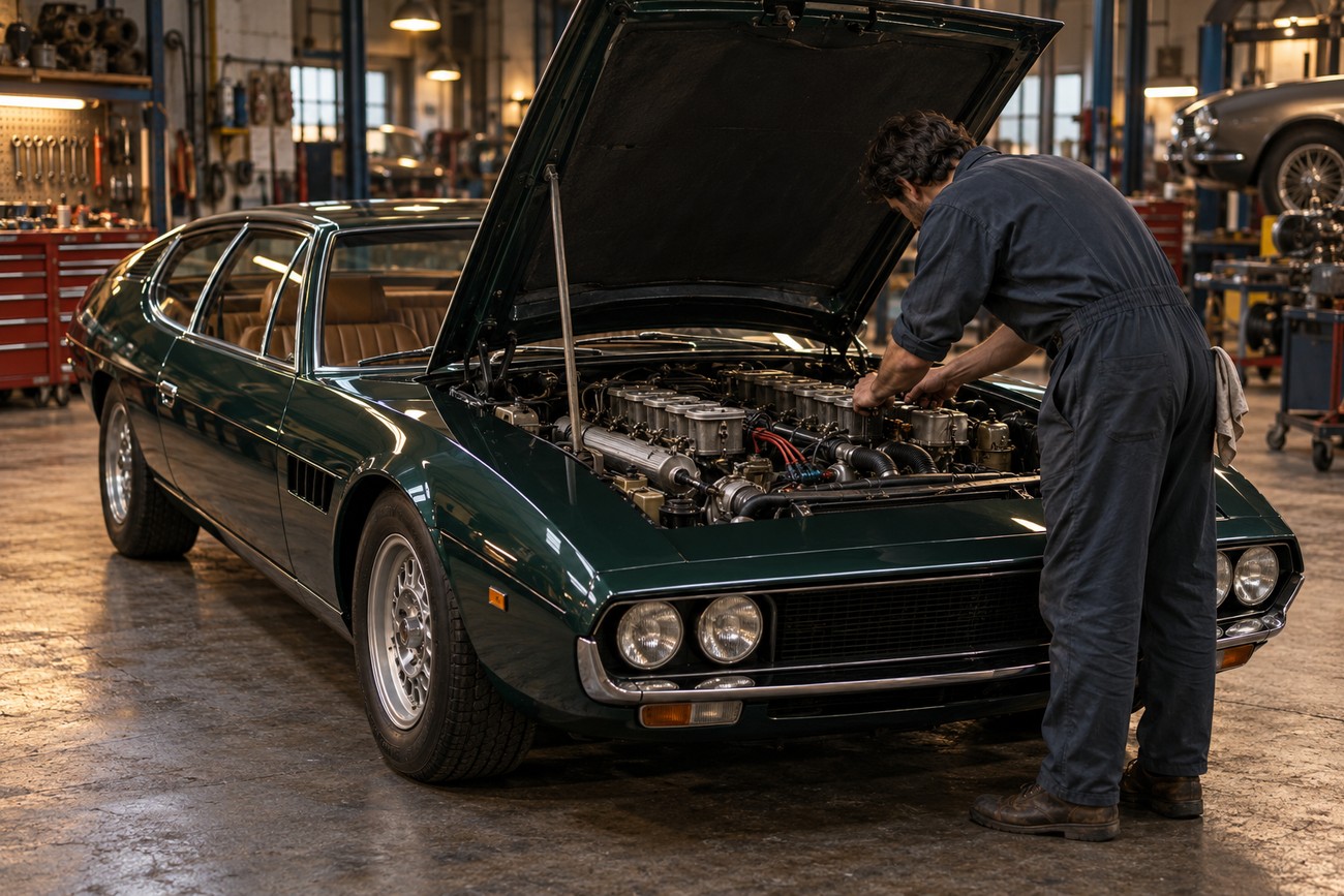 A mechanic in overalls inspects the open V12 engine of a classic dark green Lamborghini Espada inside a vintage workshop