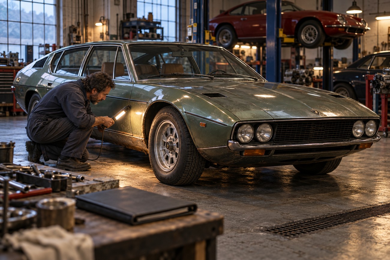 A mechanic in overalls inspects the side of a classic green Lamborghini Espada with a work light in a garage