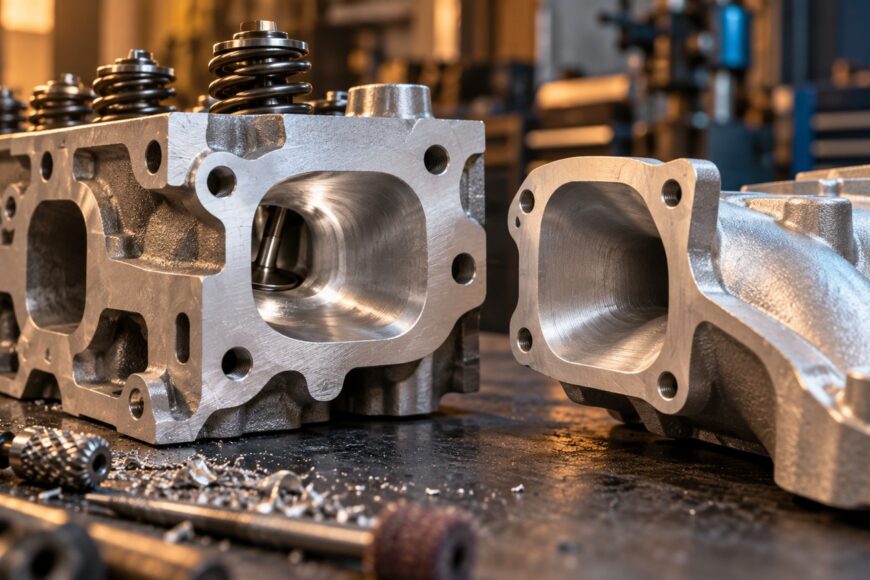 A ported cylinder head and intake manifold resting on a workbench with machining tools and metal shavings nearby