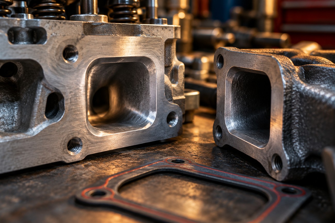 Close-up of a cylinder head intake port and a matching gasket on a workshop workbench