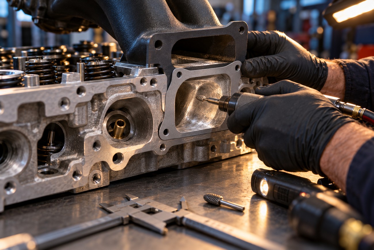 Mechanic wearing black gloves using a rotary tool to port and match a cylinder head