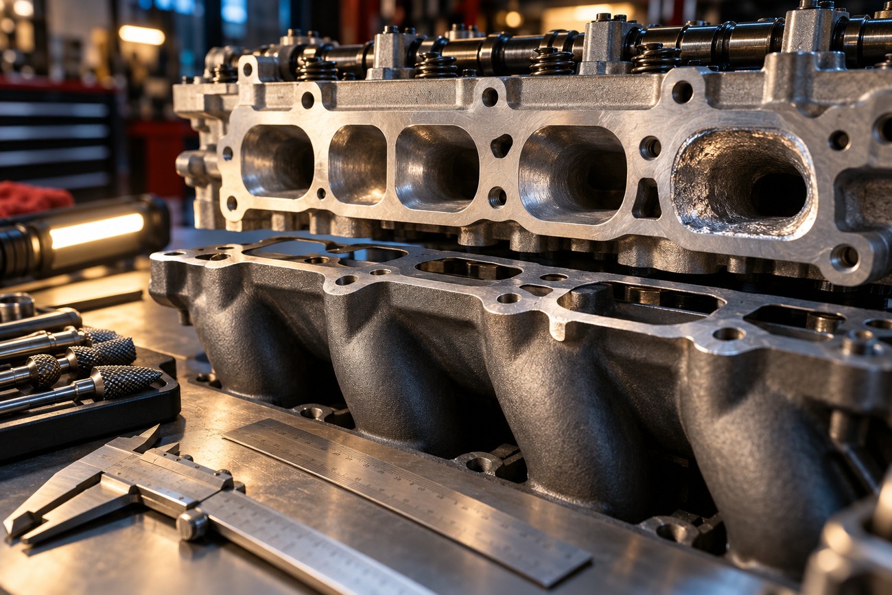 Aluminum cylinder head and intake manifold resting on a workshop table next to calipers and grinding burrs