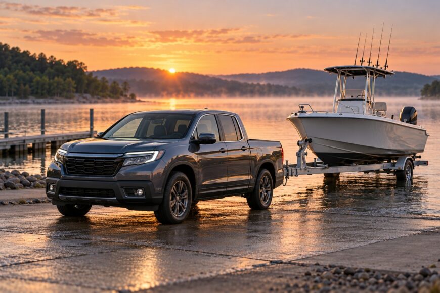 A dark grey Honda Ridgeline pickup truck towing a motorboat on a trailer parked on a boat ramp at sunset