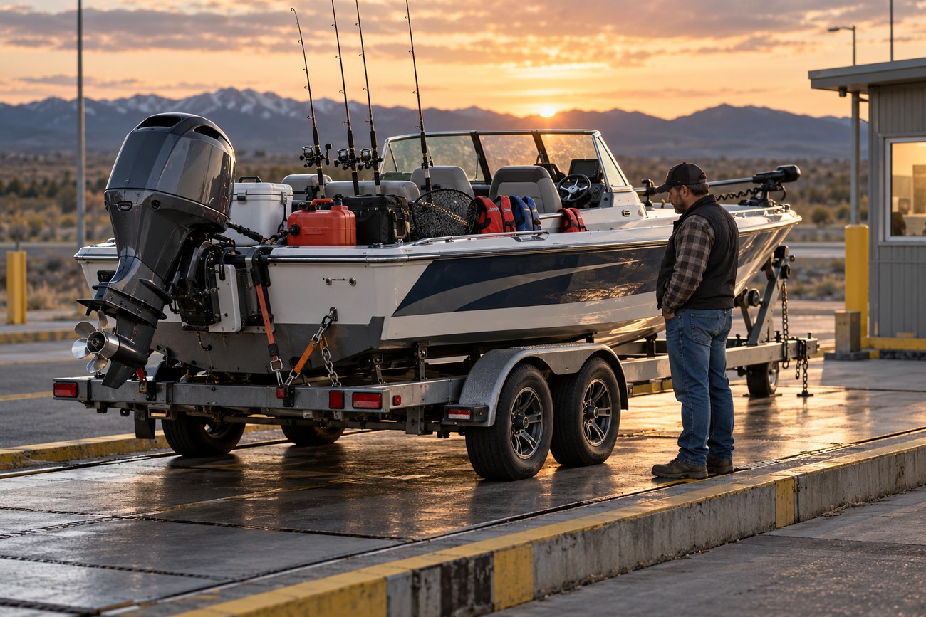 A man standing next to a motorboat loaded on a trailer at a weigh station during sunset