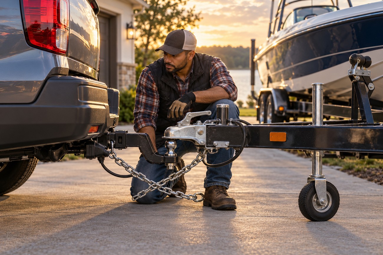 Man connecting safety chains and a trailer hitch to a Honda Ridgeline pickup truck for towing a boat