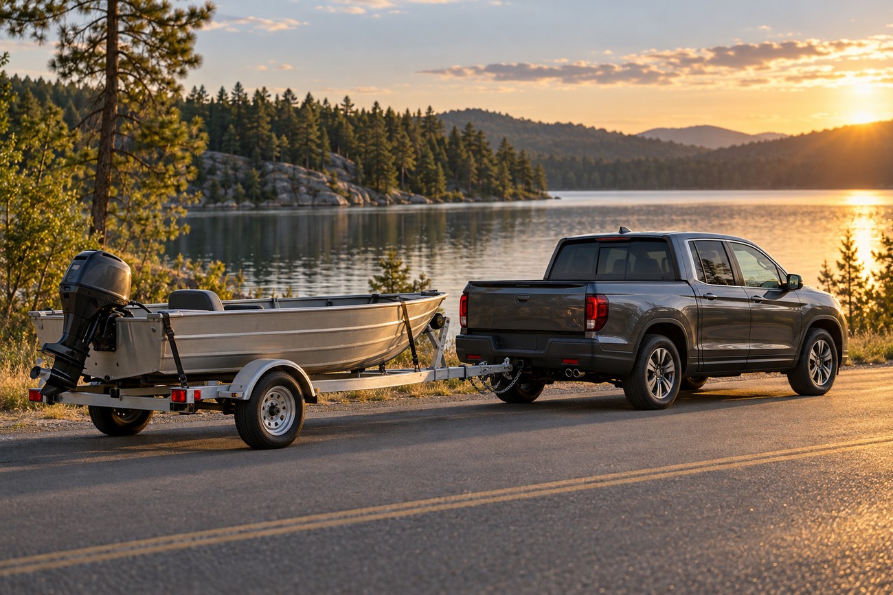 A dark gray Honda Ridgeline pickup truck parked by a scenic lake while towing a small aluminum motorboat on a trailer at sunset