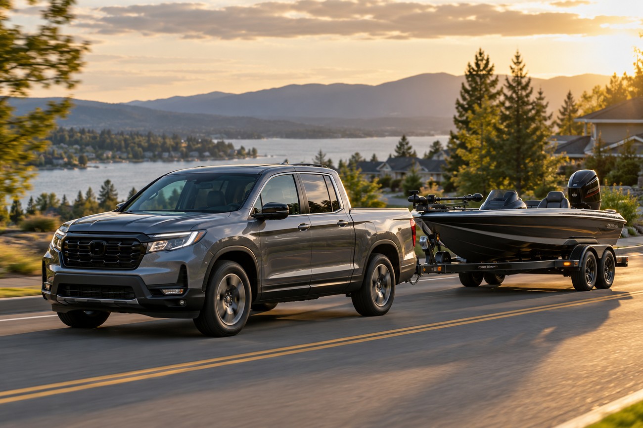 A gray Honda Ridgeline pickup truck driving along a scenic lakeside road while towing a motorboat on a trailer at sunset