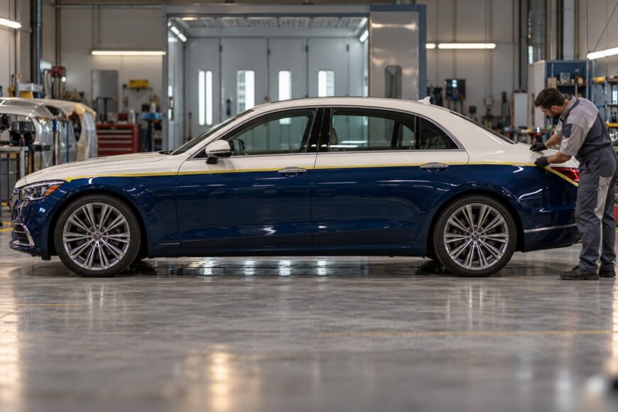A technician applies yellow masking tape along the beltline of a blue and white sedan in an auto body shop
