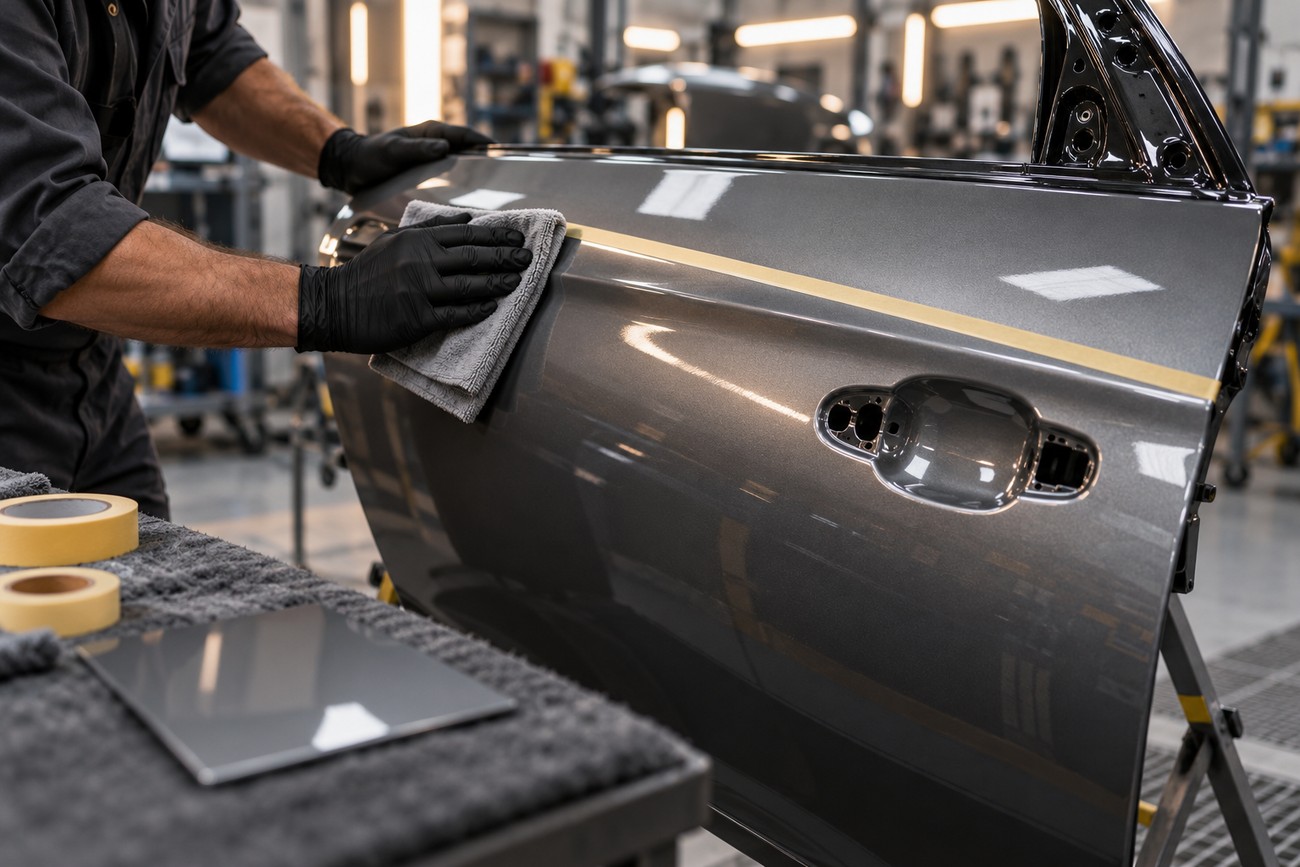 Mechanic in black gloves wipes down a grey car door with masking tape applied for a two-tone paint layout