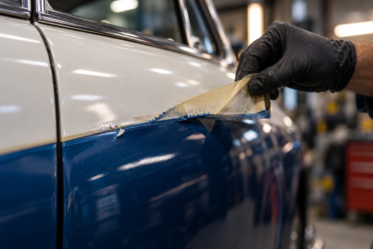 A gloved hand peeling masking tape off a freshly painted white and blue classic car body