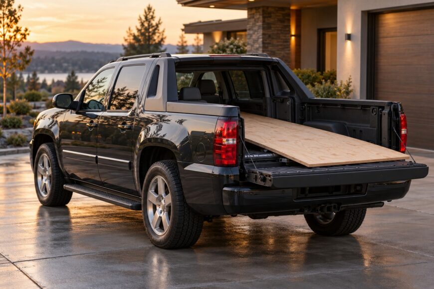 Black Chevrolet Avalanche pickup truck parked in a driveway with a sheet of plywood loaded through the open Midgate into the cargo bed