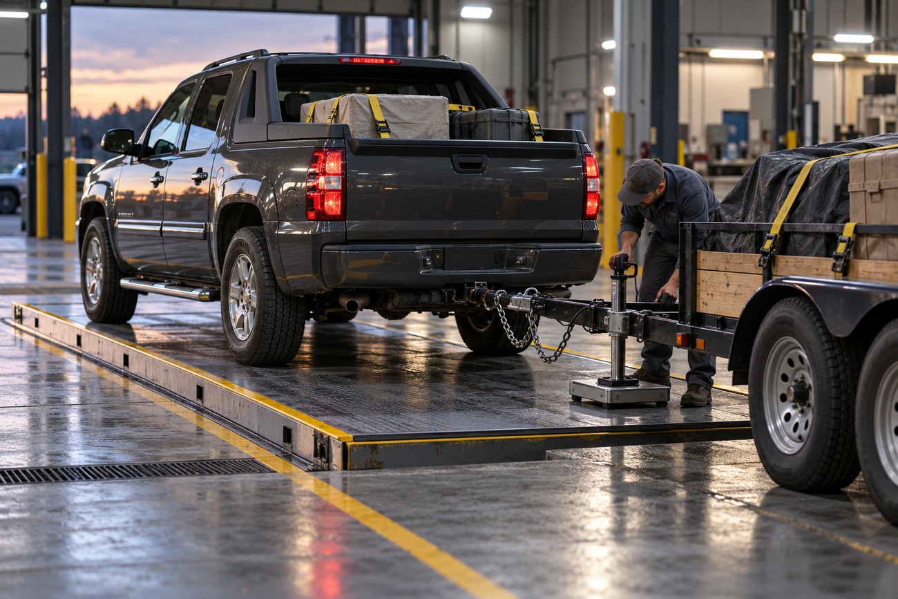 A mechanic securing a cargo trailer to the hitch of a dark gray Chevrolet Avalanche pickup truck parked inside a large service garage