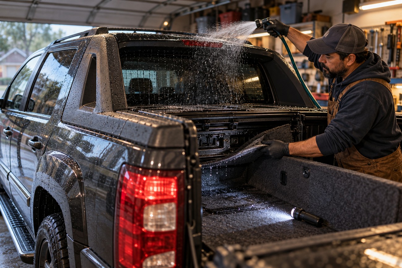 Man washing a black Chevrolet Avalanche pickup truck and inspecting the Midgate area with a hose and flashlight