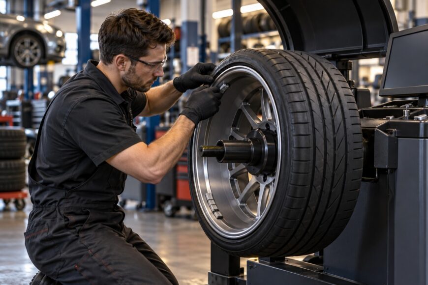 A mechanic wearing gloves attaches lead weights to the alloy rim of a car wheel mounted on a balancing machine in an auto repair shop