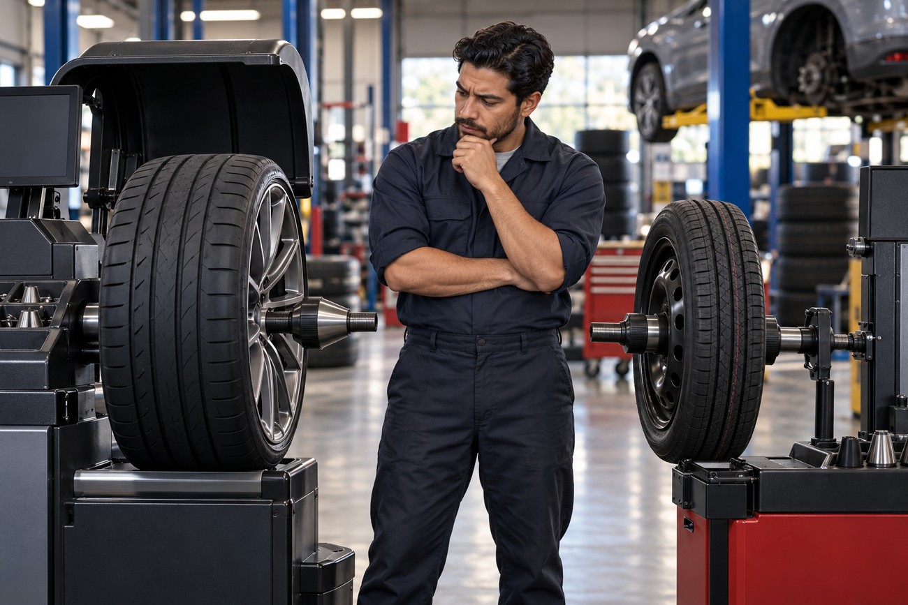 A mechanic in a uniform thoughtfully examining a car wheel on a dynamic balancing machine in a repair shop