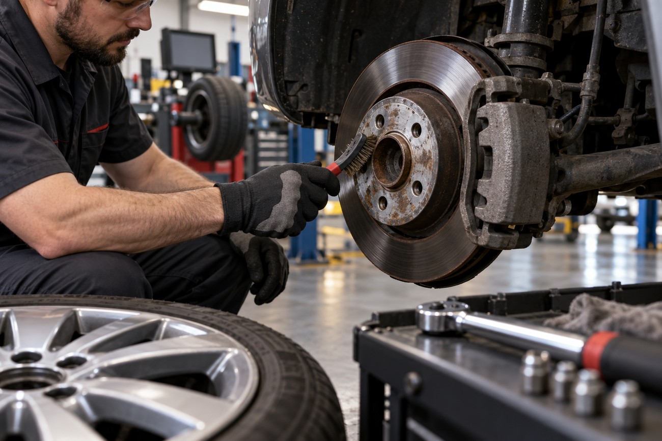 A professional mechanic wearing gloves cleans rust from a car brake rotor and wheel hub in an auto repair shop