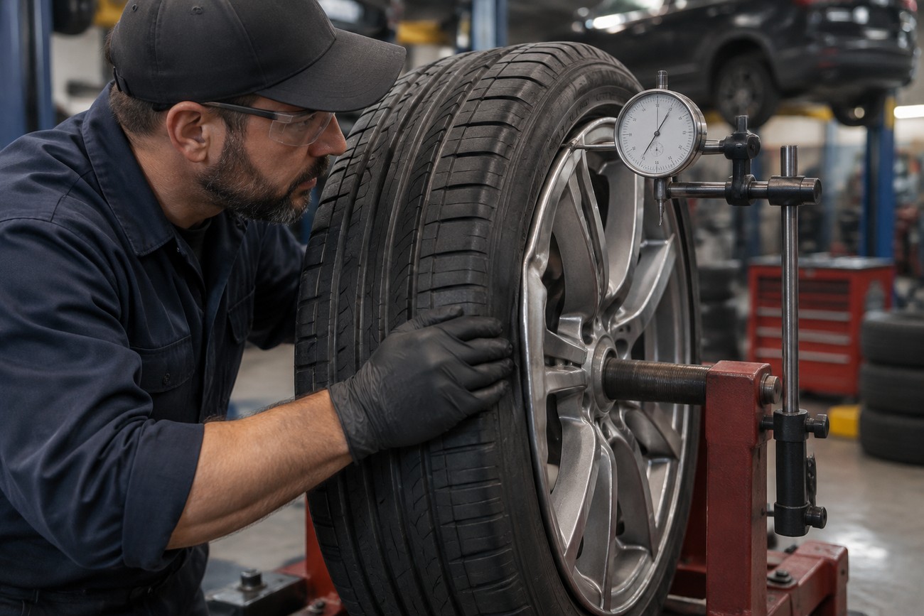 A mechanic wearing safety glasses and gloves uses a dial indicator to check a car wheel mounted on a balancing machine in an auto repair shop