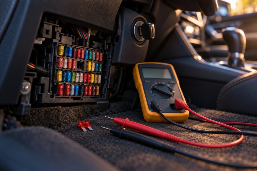 A yellow digital multimeter with red and black probes lies on the car floor mat next to an open fuse box