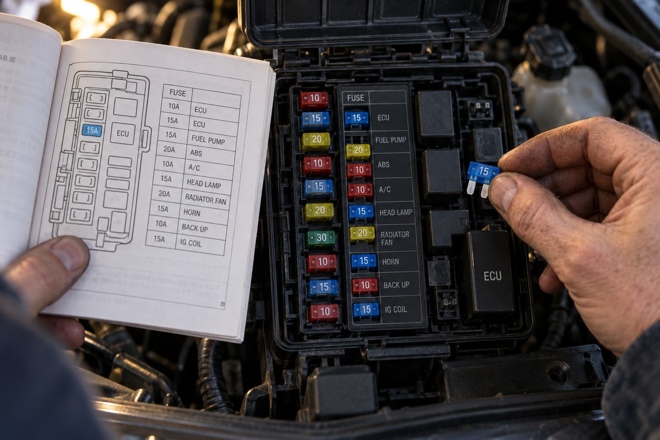 Mechanic holding a car manual with a fuse diagram while replacing a blue automotive fuse in the engine bay fuse box