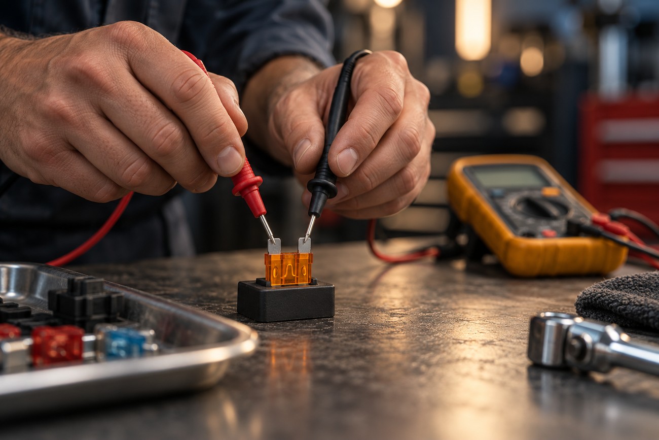 Mechanic testing an orange automotive blade fuse with multimeter probes on a workbench