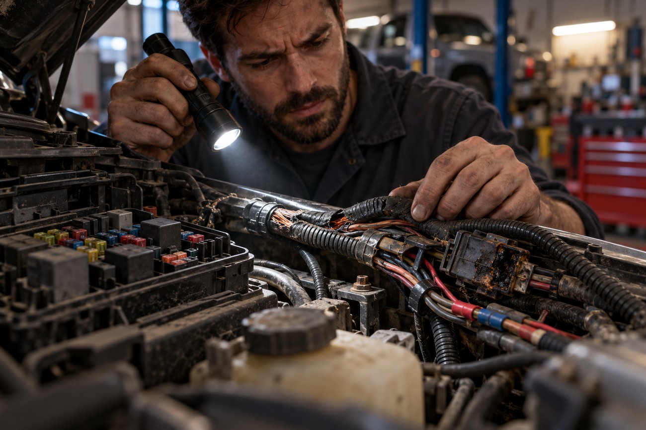 Mechanic holding a flashlight while inspecting the fuse box and wiring under a car hood