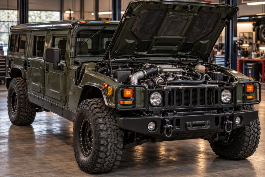 Olive green Hummer H1 Alpha with open hood showing the Duramax diesel engine inside a garage