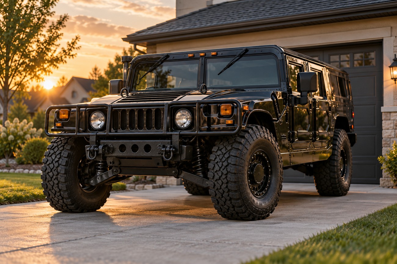 A black Hummer H1 Alpha Duramax Final Edition parked in a residential driveway during sunset