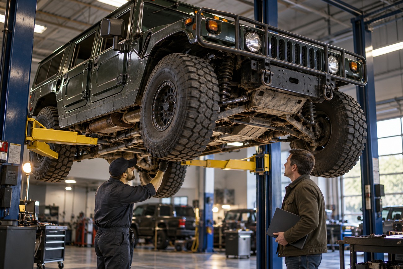A mechanic inspects the undercarriage of a dark green Hummer H1 Alpha lifted on a hydraulic hoist in a service shop